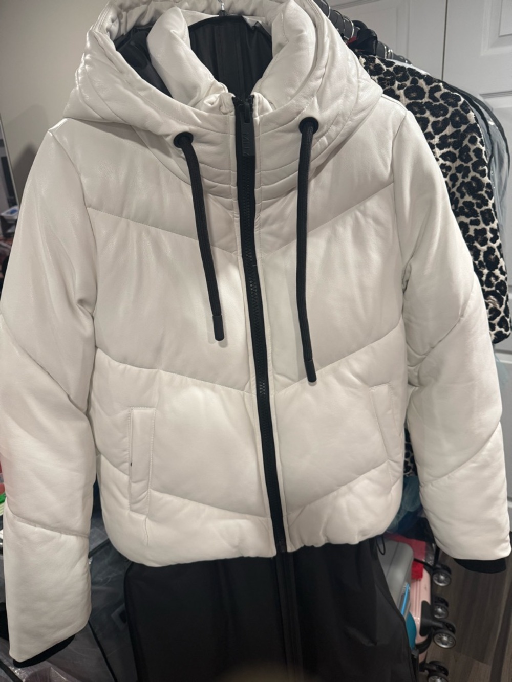 Marc New York White Hooded Puffer Jacket with Black Trim and Drawstrings